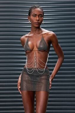 Innovare Denim Anund Rhinestone Mesh Chain Cutout Mini Dress in Grey - M
